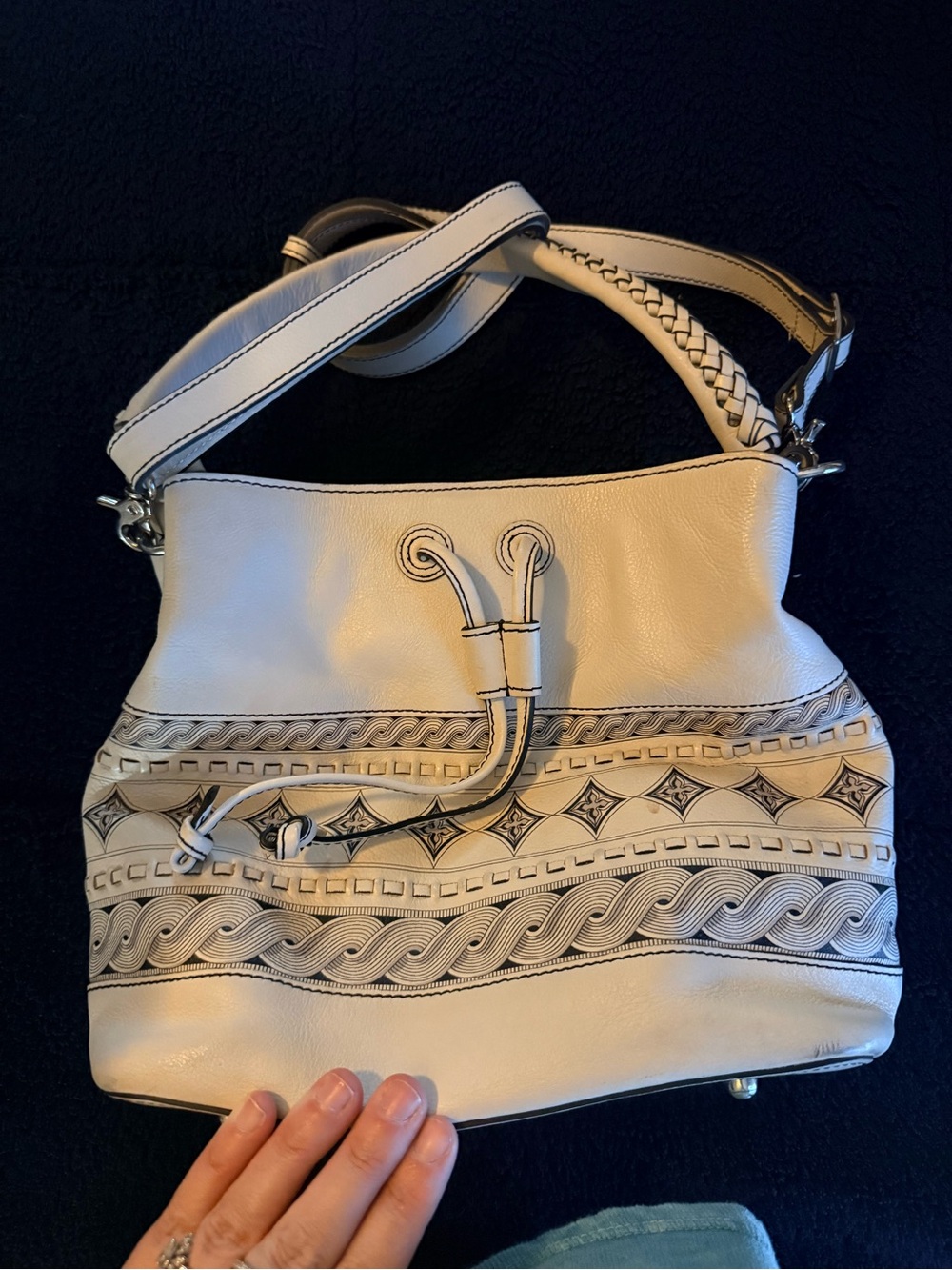 Brighton Cream Drawstring Shoulder Bag with Decorative Trim w/ wallet and dust b
